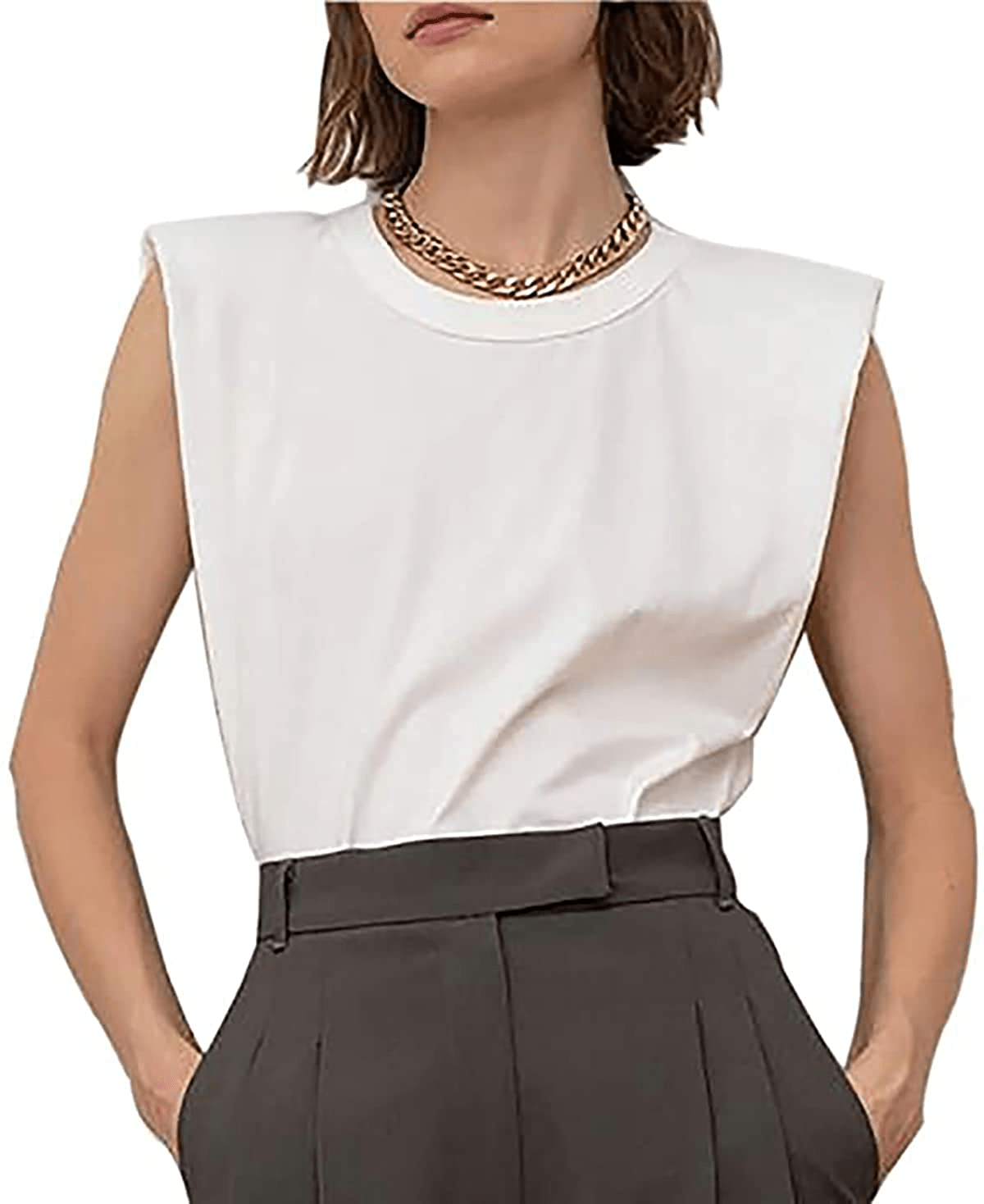 Meladyan Women’S Solid Cotton Padded Shoulder Sleeveless Tee Vest Crew Neck Loose Tank Tops Apparel & Accessories > Clothing > Activewear Kylie Max