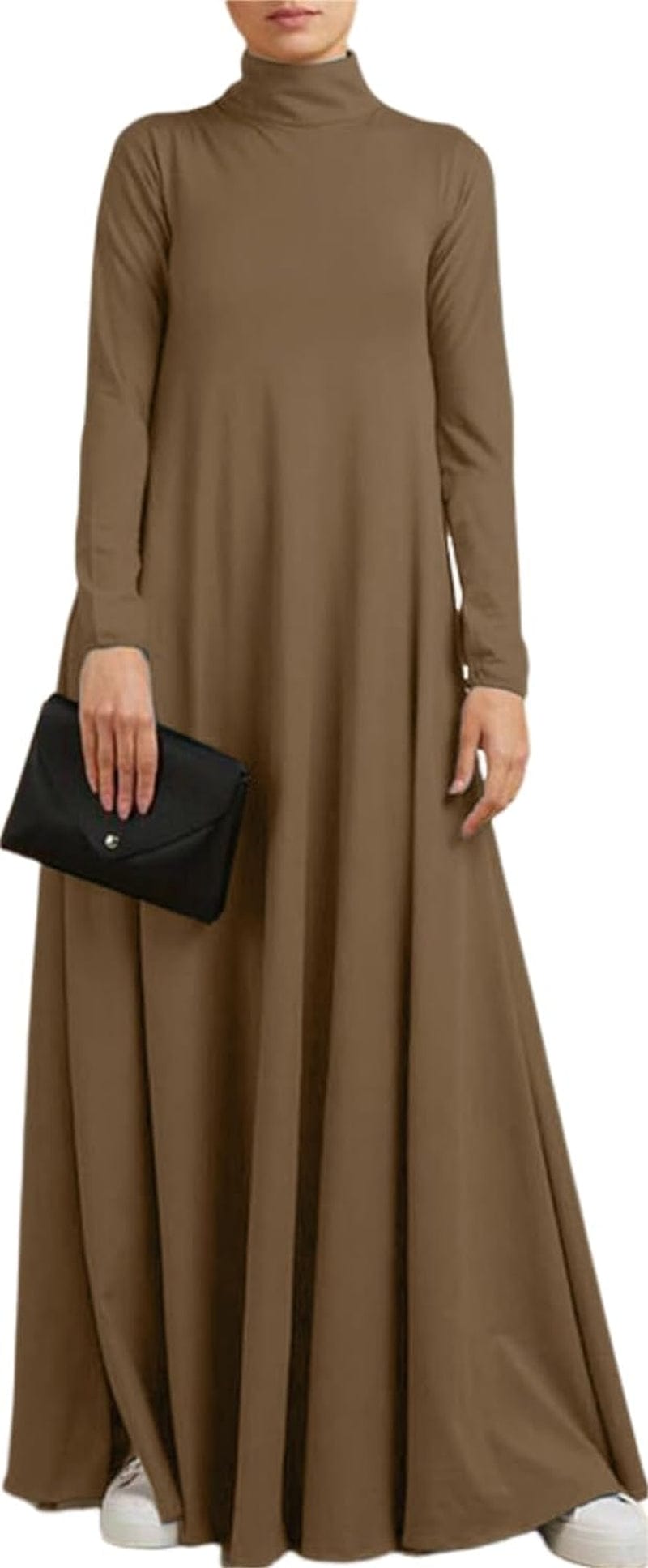 Melliflo Womens Long Sleeve Mock Neck Maxi Dress Solid Color Casual Swing Dresses Fall T Shirt Dress with Pockets Brown / Medium