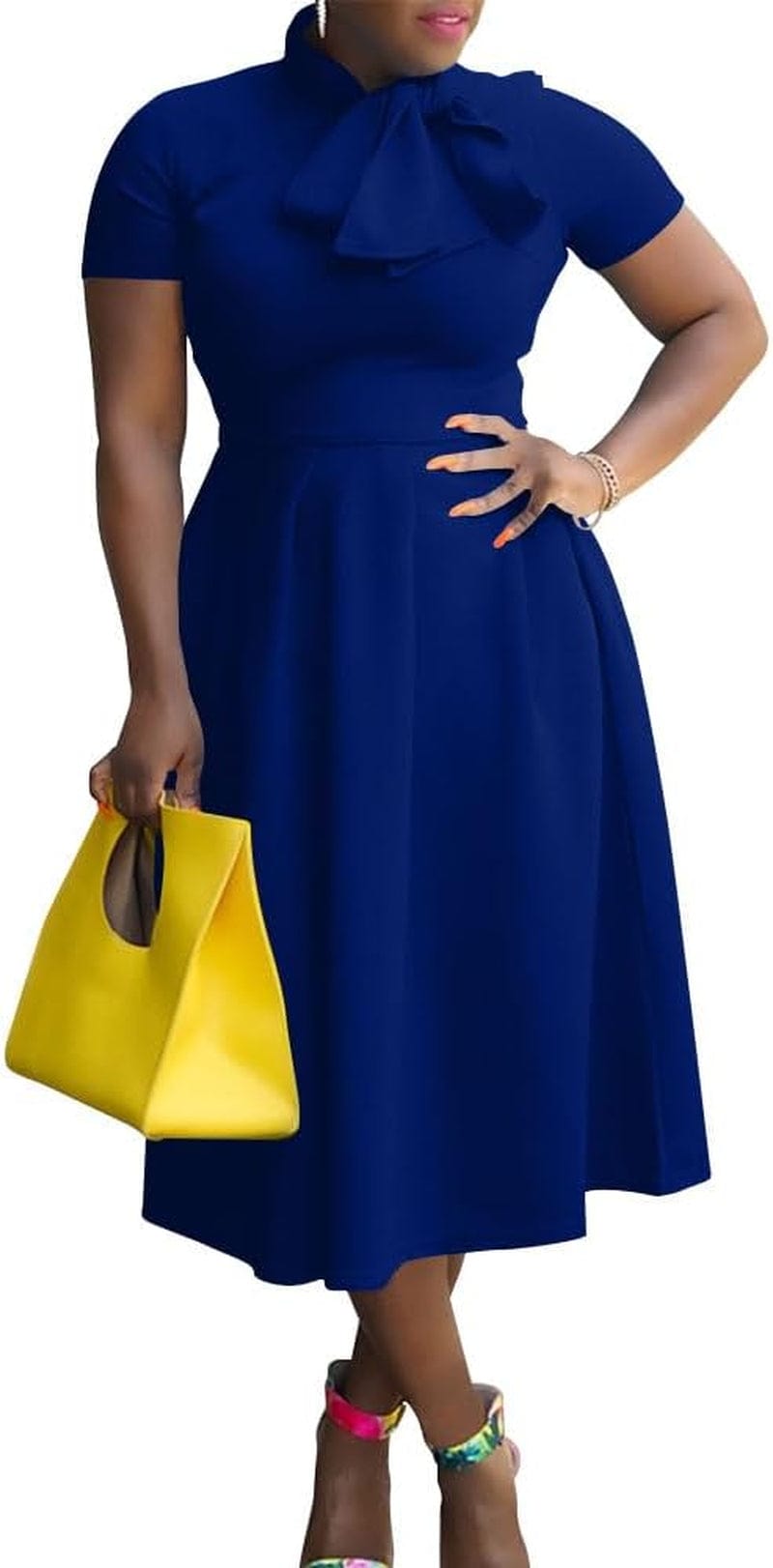 Memoriesea Women'S Elegant Casual Short Sleeve Work Party A-Line Dress with Pockets Royal Blue / Large