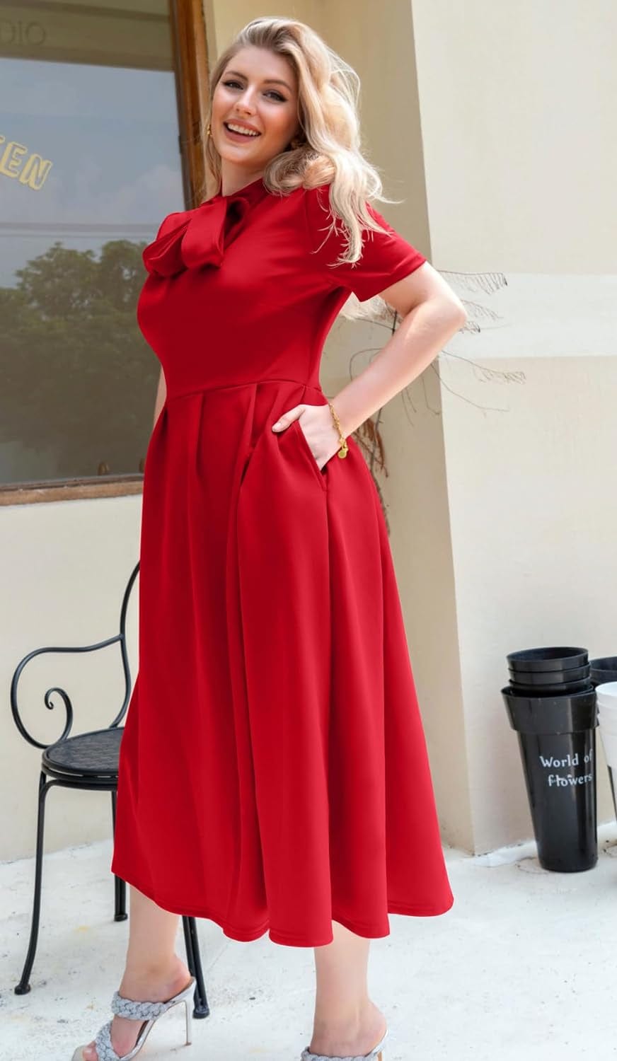 Memoriesea Women'S Elegant Casual Short Sleeve Work Party A-Line Dress with Pockets