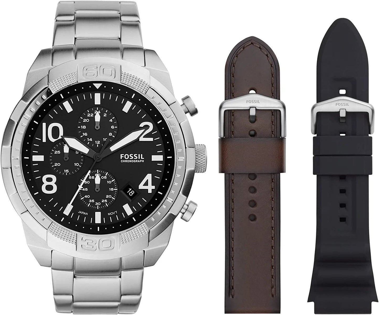 Men'S Bronson Stainless Steel Quartz Dress Chronograph Watch Silver/Black/Brown Gift Set