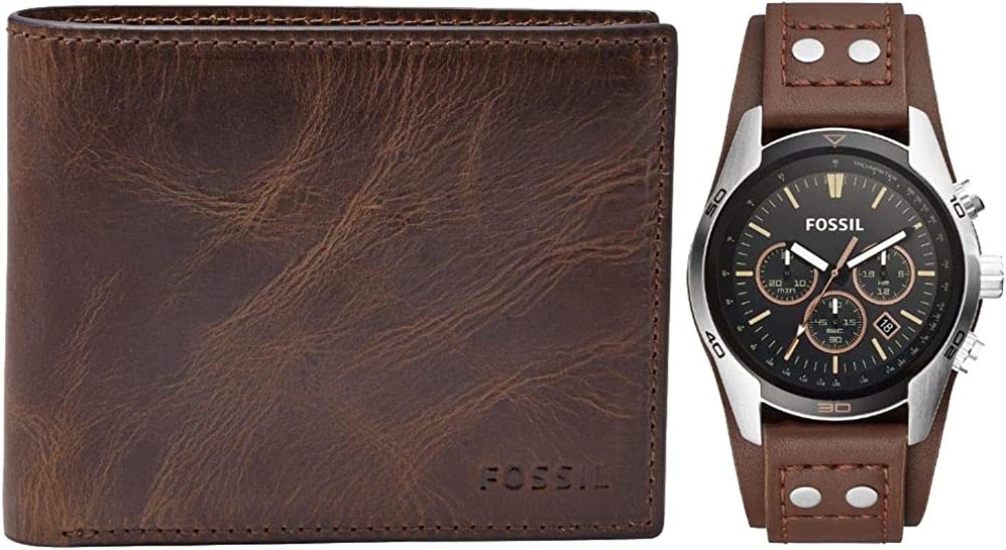 Men'S Coachman Stainless Steel and Leather Casual Cuff Quartz Watch brown wallet + watch