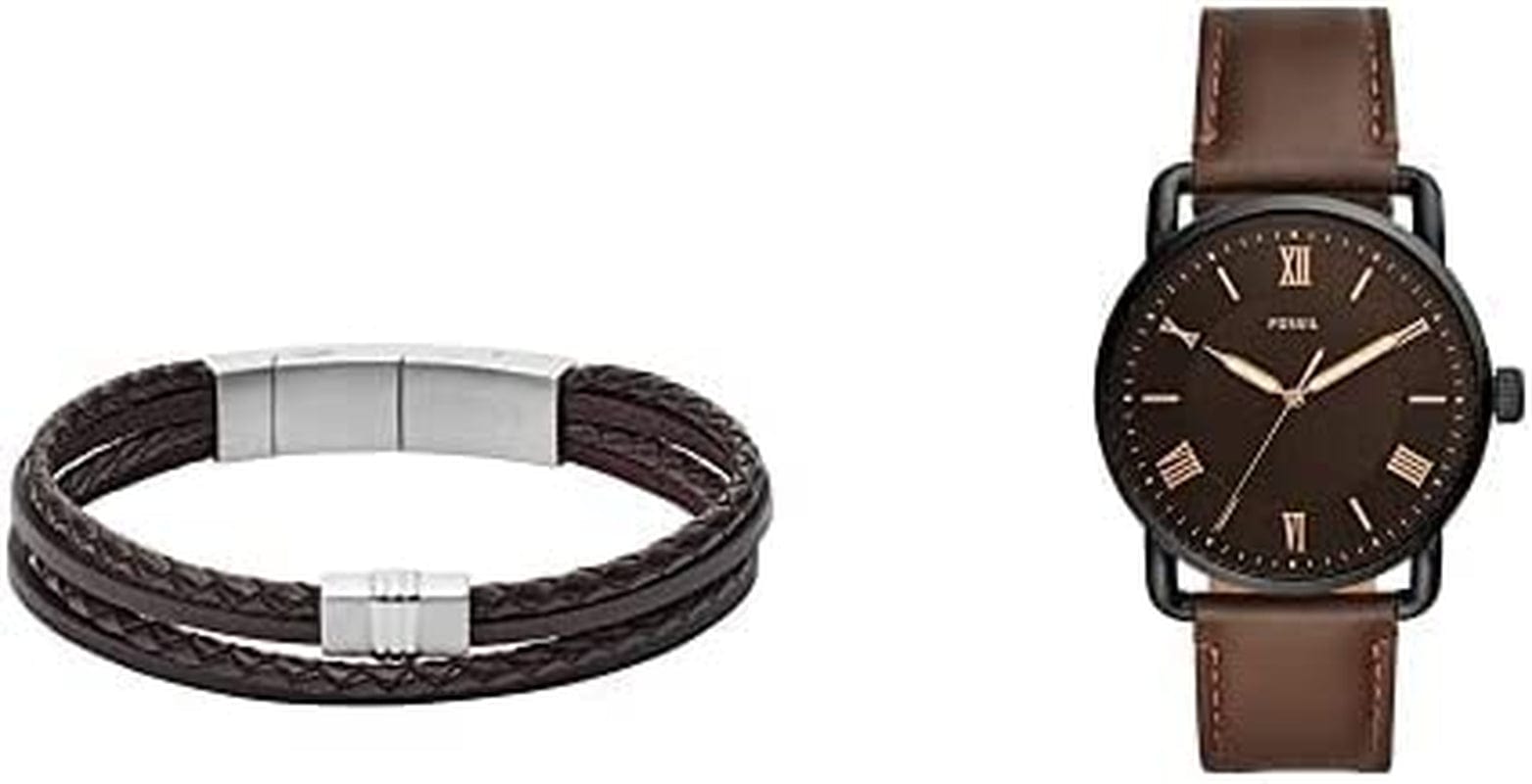 Men'S Copeland Stainless Steel and Leather Casual Quartz Watch Brown/ watch& bracelet