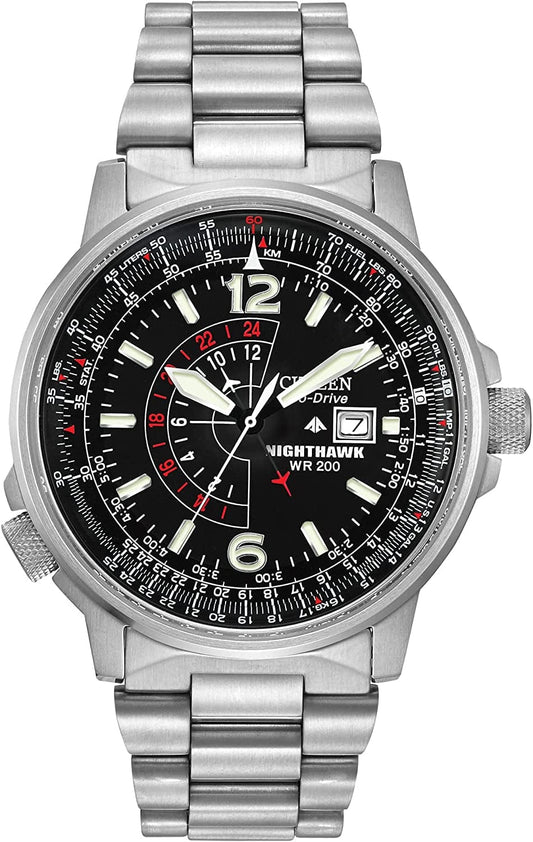 Men'S Eco-Drive Promaster Air Nighthawk Pilot Watch in Stainless Steel, Black Dial (Model: BJ7000-52E)