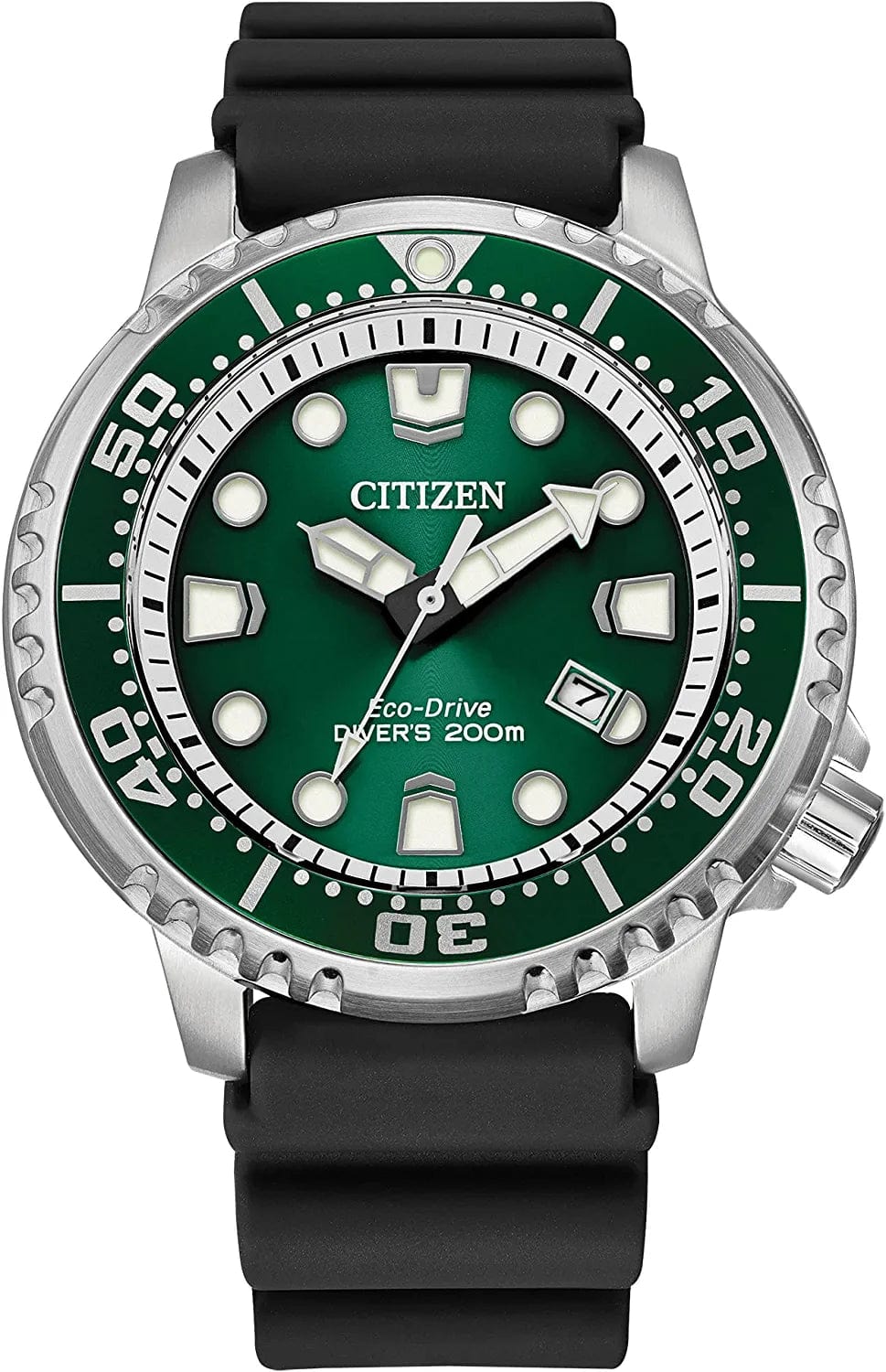Men'S Eco-Drive Promaster Diver Watch, Stainless Steel with Polyurethane Strap Black Strap, Green Dial