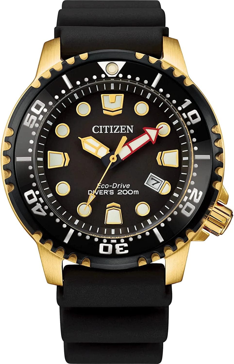 Men'S Eco-Drive Promaster Diver Watch, Stainless Steel with Polyurethane Strap Black Strap, Black Dial Gold Tone