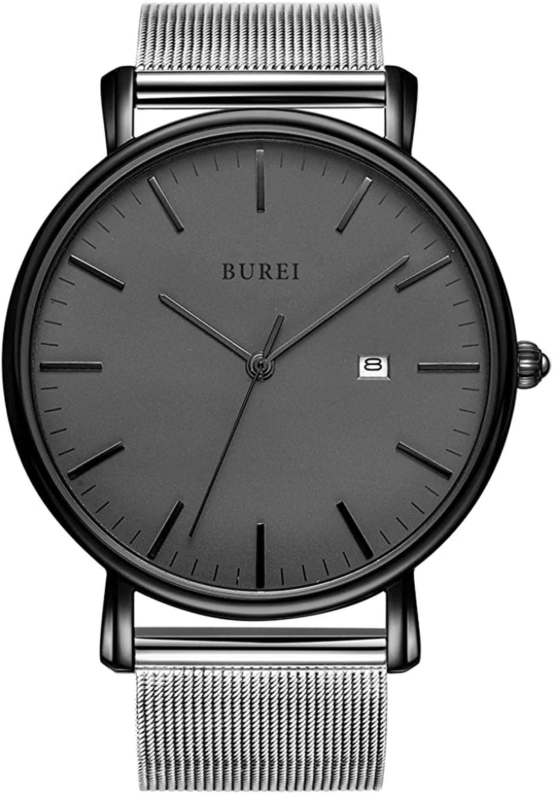 Men'S Fashion Minimalist Wrist Watch Analog Date with Stainless Steel Mesh Band Dark gray black