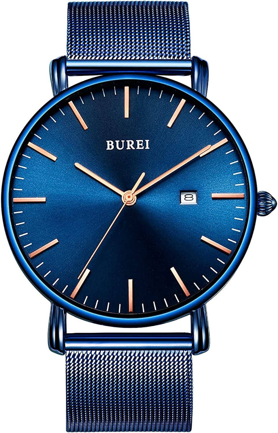 Men'S Fashion Minimalist Wrist Watch Analog Date with Stainless Steel Mesh Band Full blue