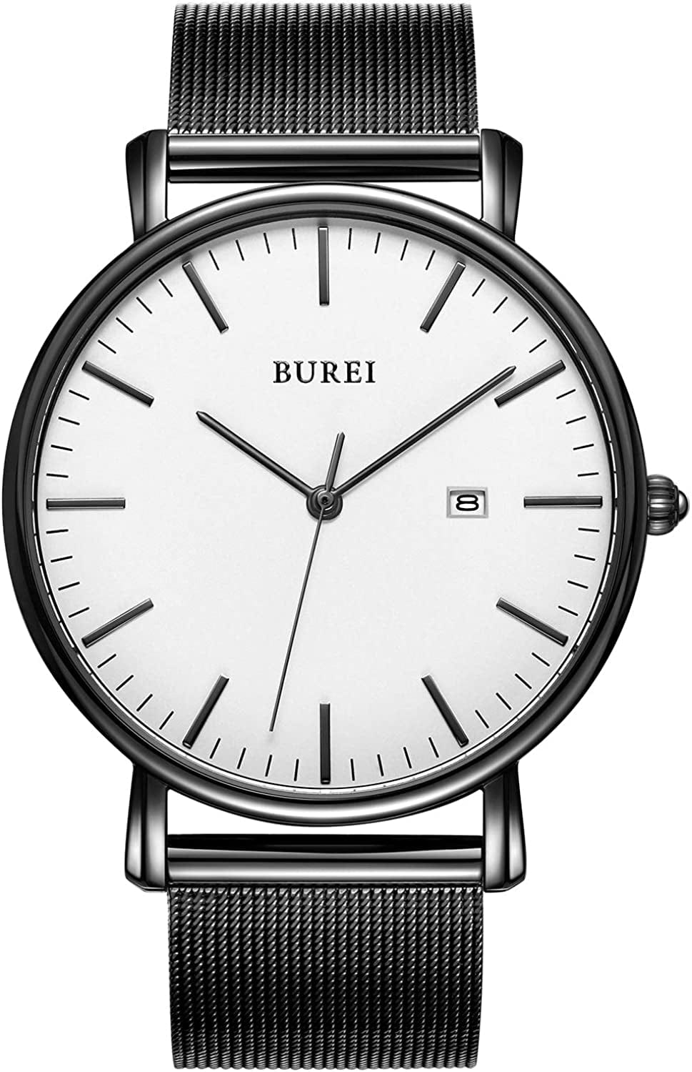 Men'S Fashion Minimalist Wrist Watch Analog Date with Stainless Steel Mesh Band White Black