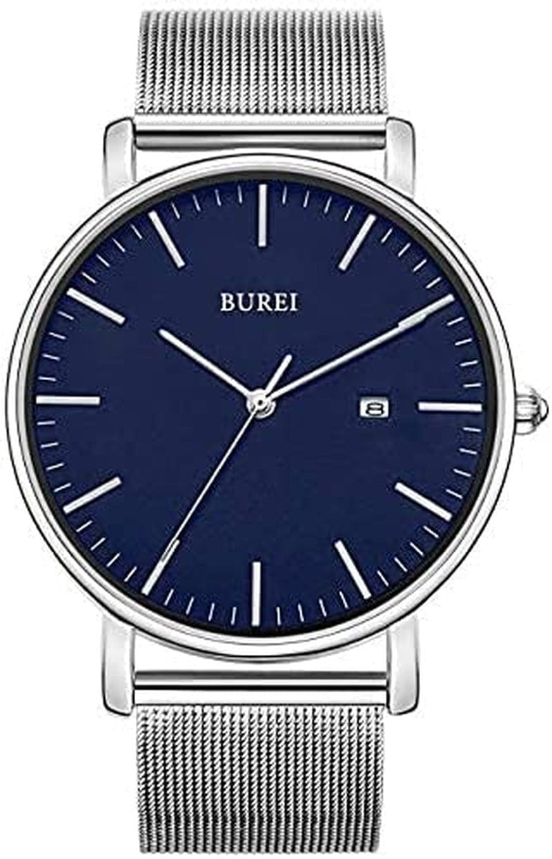 Men'S Fashion Minimalist Wrist Watch Analog Date with Stainless Steel Mesh Band blue silver