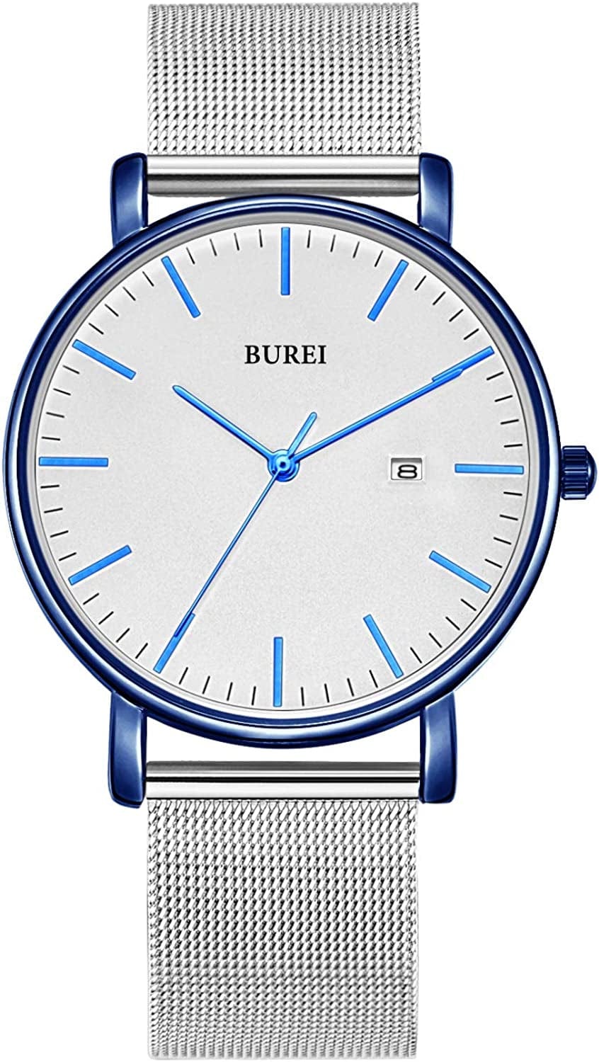 Men'S Fashion Minimalist Wrist Watch Analog Date with Stainless Steel Mesh Band White blue