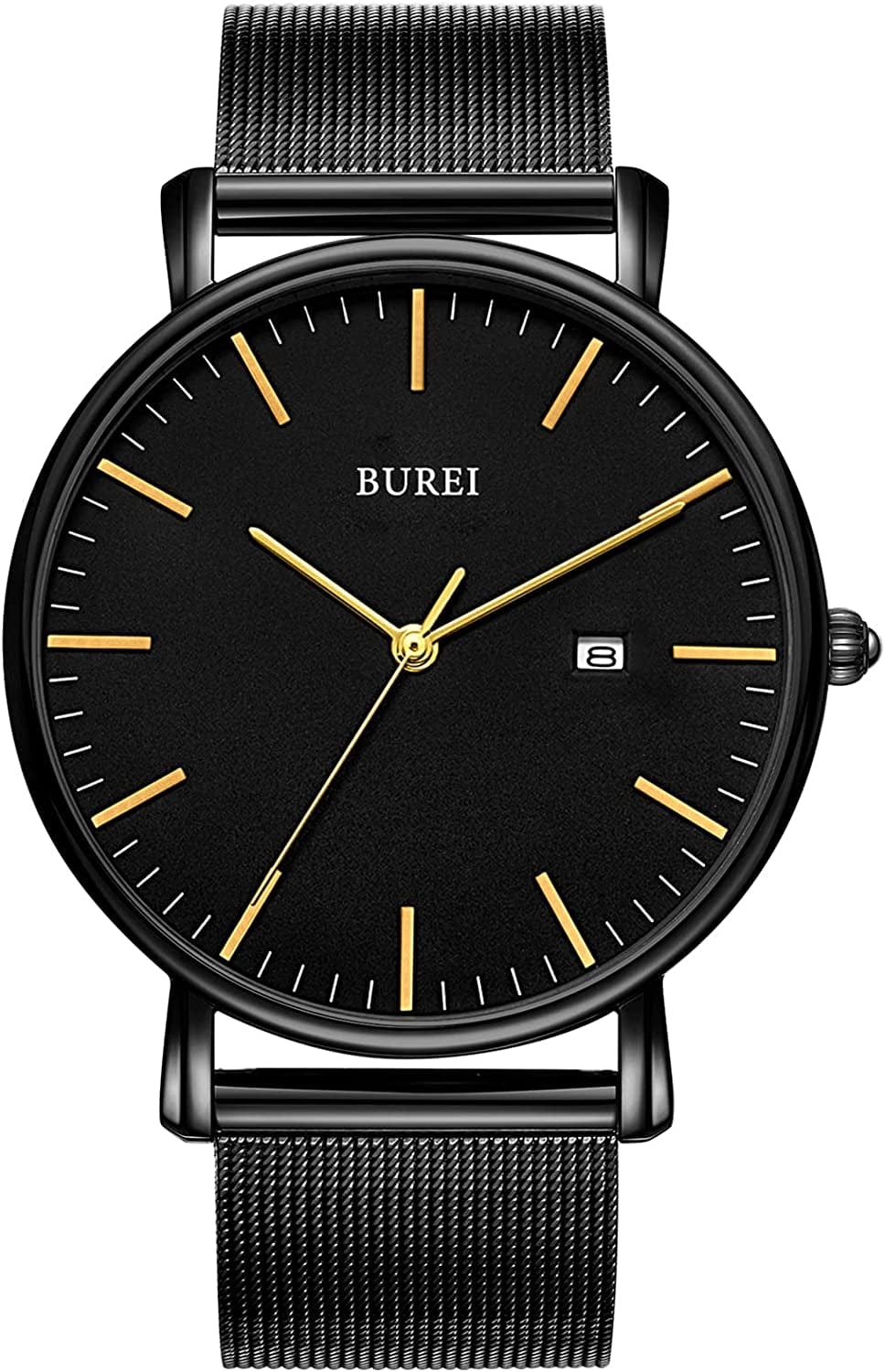 Men'S Fashion Minimalist Wrist Watch Analog Date with Stainless Steel Mesh Band Gold dark black