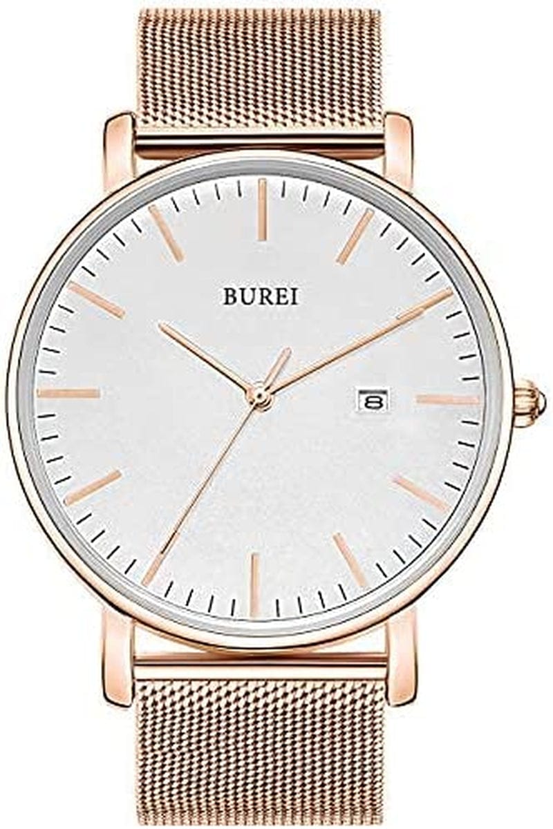 Men'S Fashion Minimalist Wrist Watch Analog Date with Stainless Steel Mesh Band white rose gold