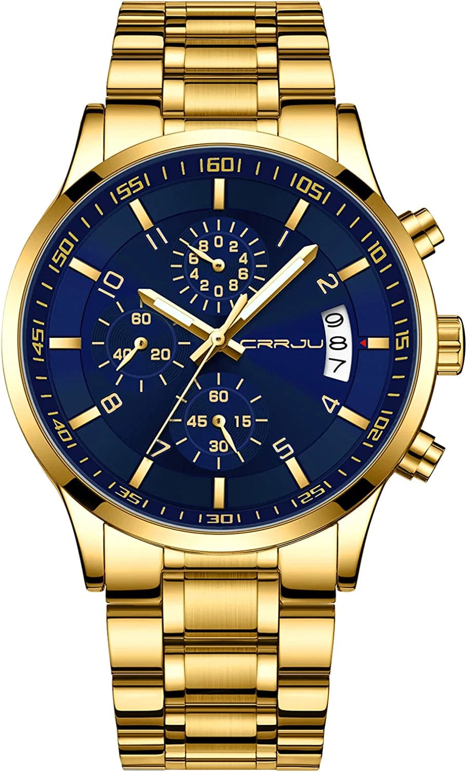 Men'S Fashion Stainless Steel Watches Date Waterproof Chronograph Wristwatches,Stainsteel Steel Band Waterproof Watch gold blue