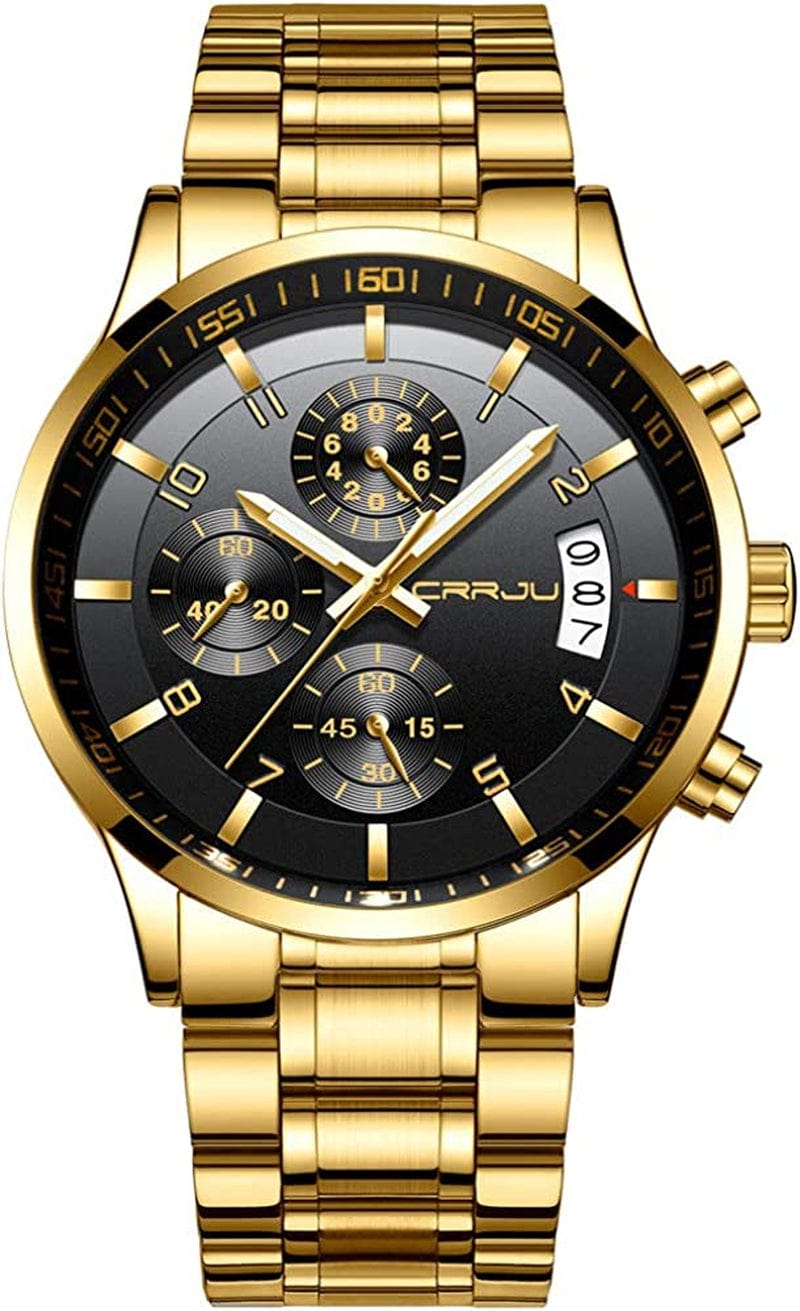 Men'S Fashion Stainless Steel Watches Date Waterproof Chronograph Wristwatches,Stainsteel Steel Band Waterproof Watch gold black