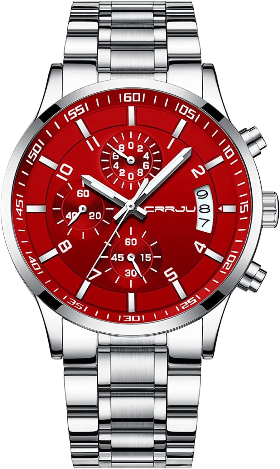 Men'S Fashion Stainless Steel Watches Date Waterproof Chronograph Wristwatches,Stainsteel Steel Band Waterproof Watch silver red