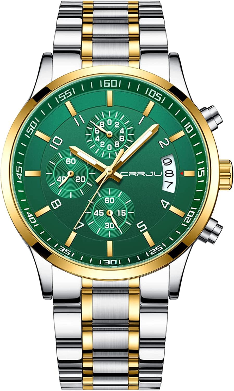 Men'S Fashion Stainless Steel Watches Date Waterproof Chronograph Wristwatches,Stainsteel Steel Band Waterproof Watch silver gold green