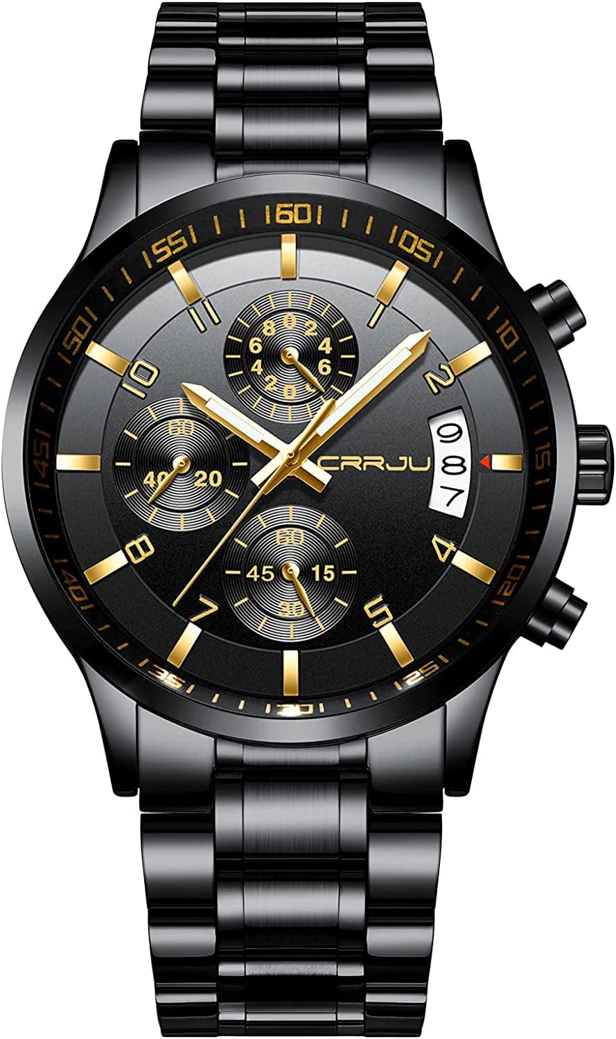 Men'S Fashion Stainless Steel Watches Date Waterproof Chronograph Wristwatches,Stainsteel Steel Band Waterproof Watch black black Gold