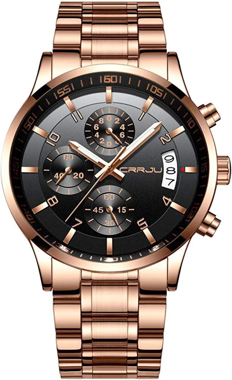 Men'S Fashion Stainless Steel Watches Date Waterproof Chronograph Wristwatches,Stainsteel Steel Band Waterproof Watch rose black