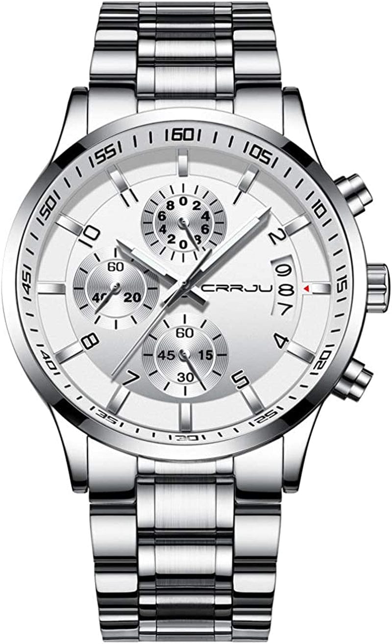 Men'S Fashion Stainless Steel Watches Date Waterproof Chronograph Wristwatches,Stainsteel Steel Band Waterproof Watch silver white