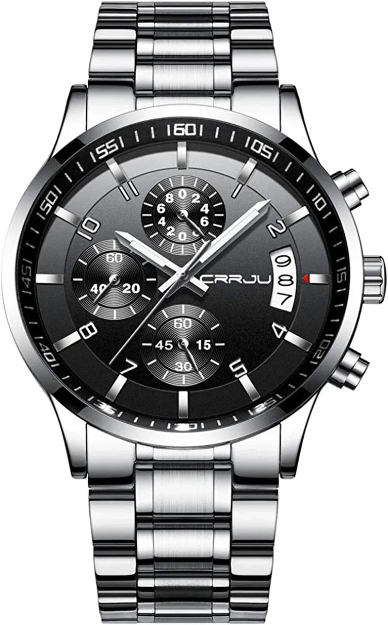 Men'S Fashion Stainless Steel Watches Date Waterproof Chronograph Wristwatches,Stainsteel Steel Band Waterproof Watch silver black