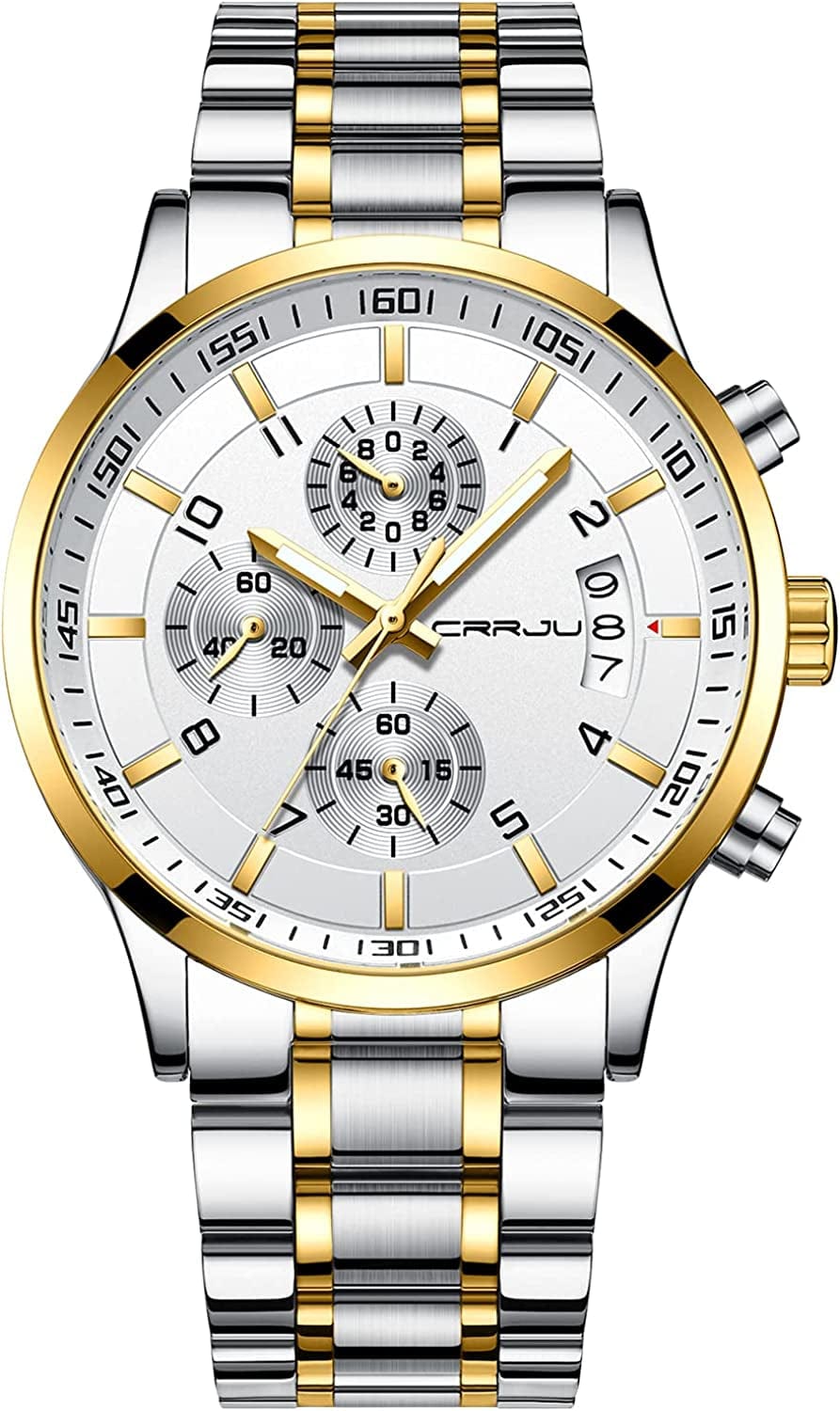 Men'S Fashion Stainless Steel Watches Date Waterproof Chronograph Wristwatches,Stainsteel Steel Band Waterproof Watch silver gold white