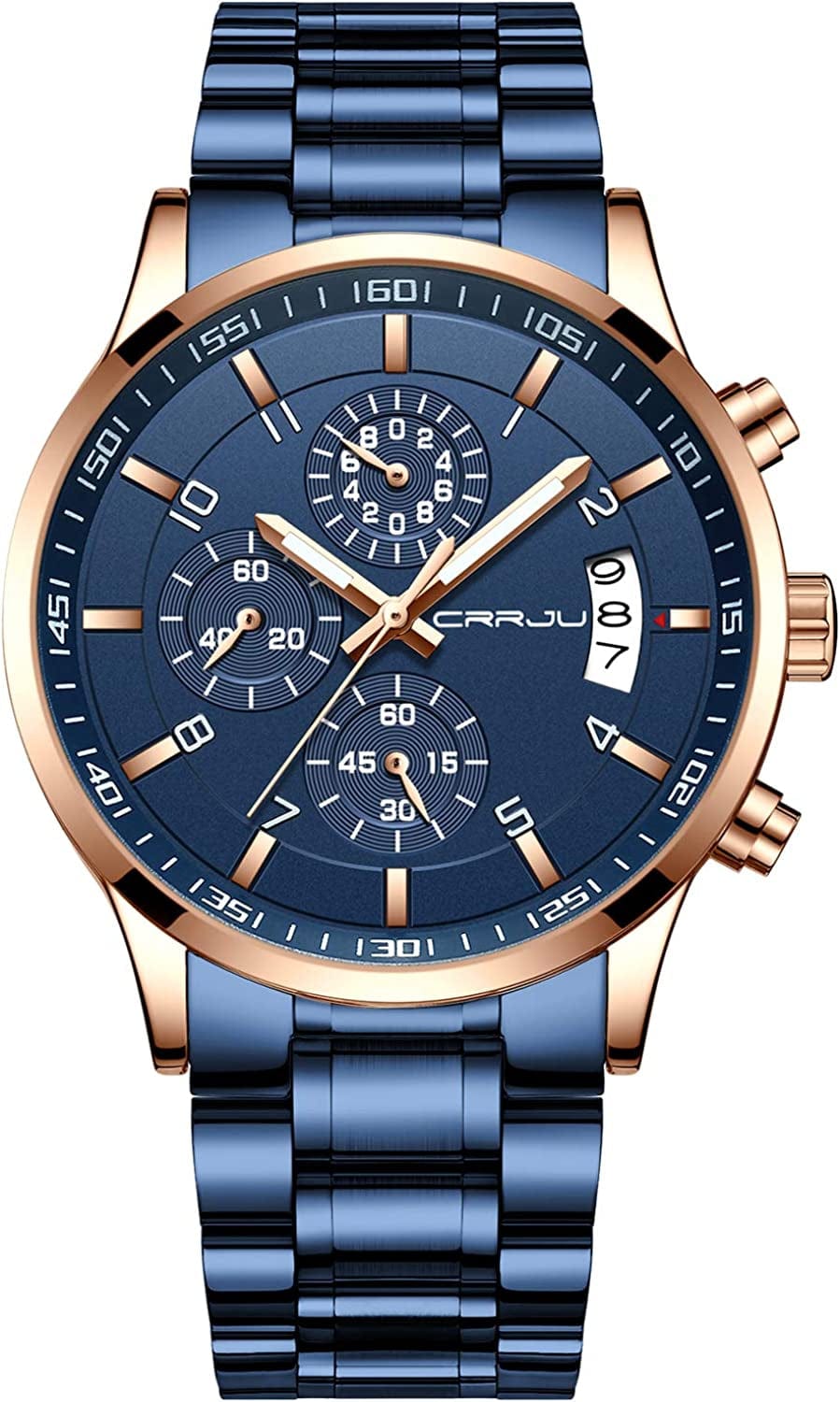 Men'S Fashion Stainless Steel Watches Date Waterproof Chronograph Wristwatches,Stainsteel Steel Band Waterproof Watch blue blue