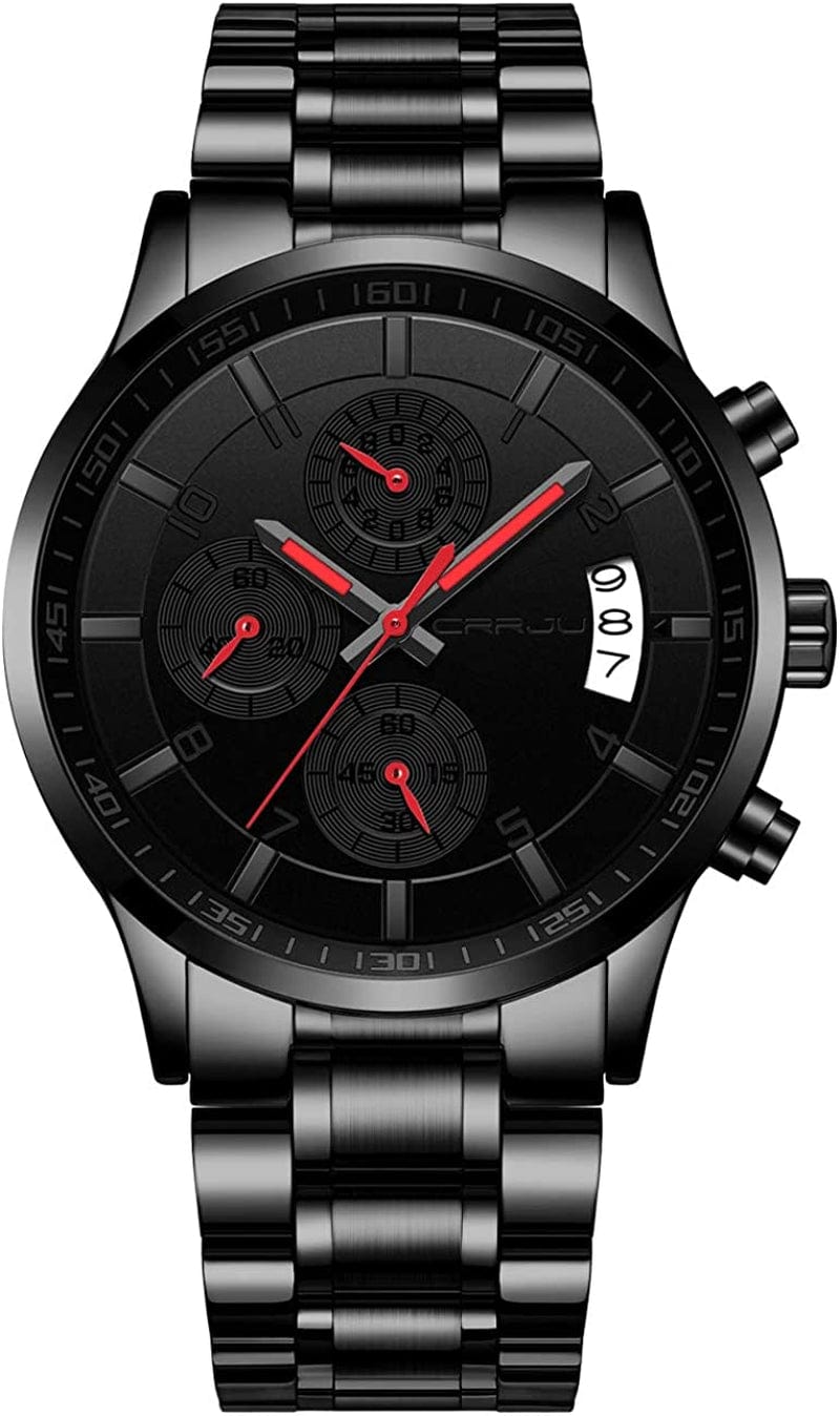 Men'S Fashion Stainless Steel Watches Date Waterproof Chronograph Wristwatches,Stainsteel Steel Band Waterproof Watch grey red