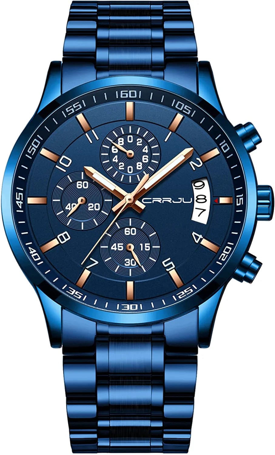 Men'S Fashion Stainless Steel Watches Date Waterproof Chronograph Wristwatches,Stainsteel Steel Band Waterproof Watch blue rose