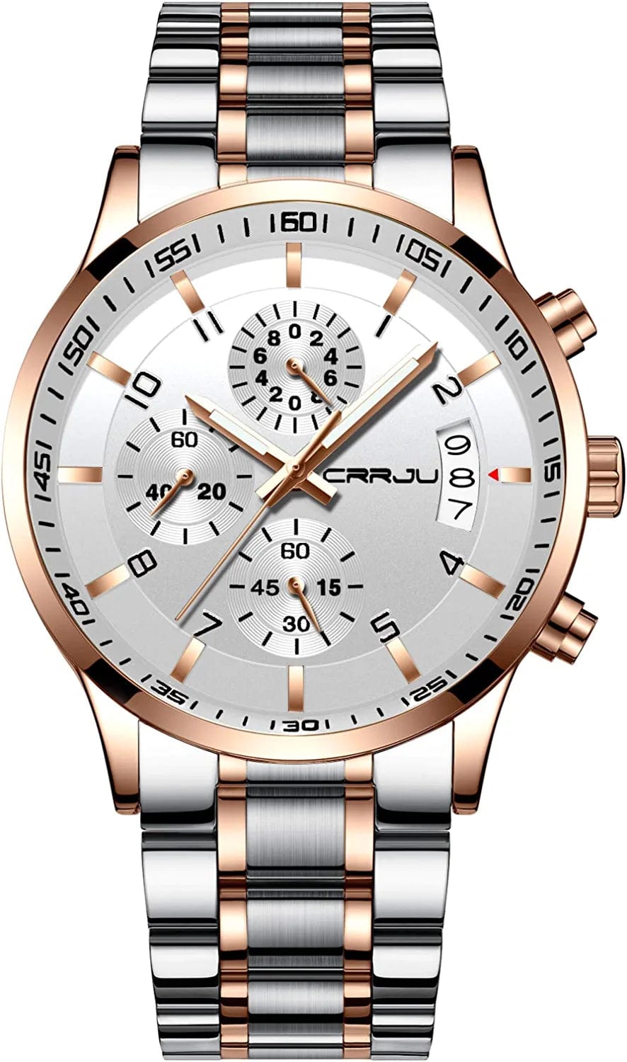 Men'S Fashion Stainless Steel Watches Date Waterproof Chronograph Wristwatches,Stainsteel Steel Band Waterproof Watch silver rose white