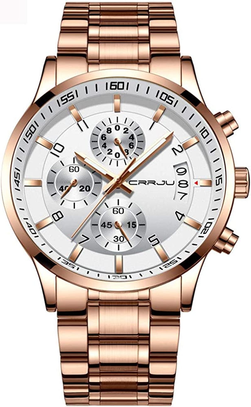 Men'S Fashion Stainless Steel Watches Date Waterproof Chronograph Wristwatches,Stainsteel Steel Band Waterproof Watch rose white