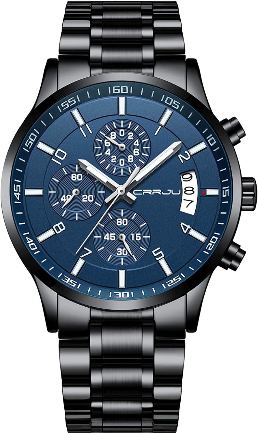 Men'S Fashion Stainless Steel Watches Date Waterproof Chronograph Wristwatches,Stainsteel Steel Band Waterproof Watch black blue