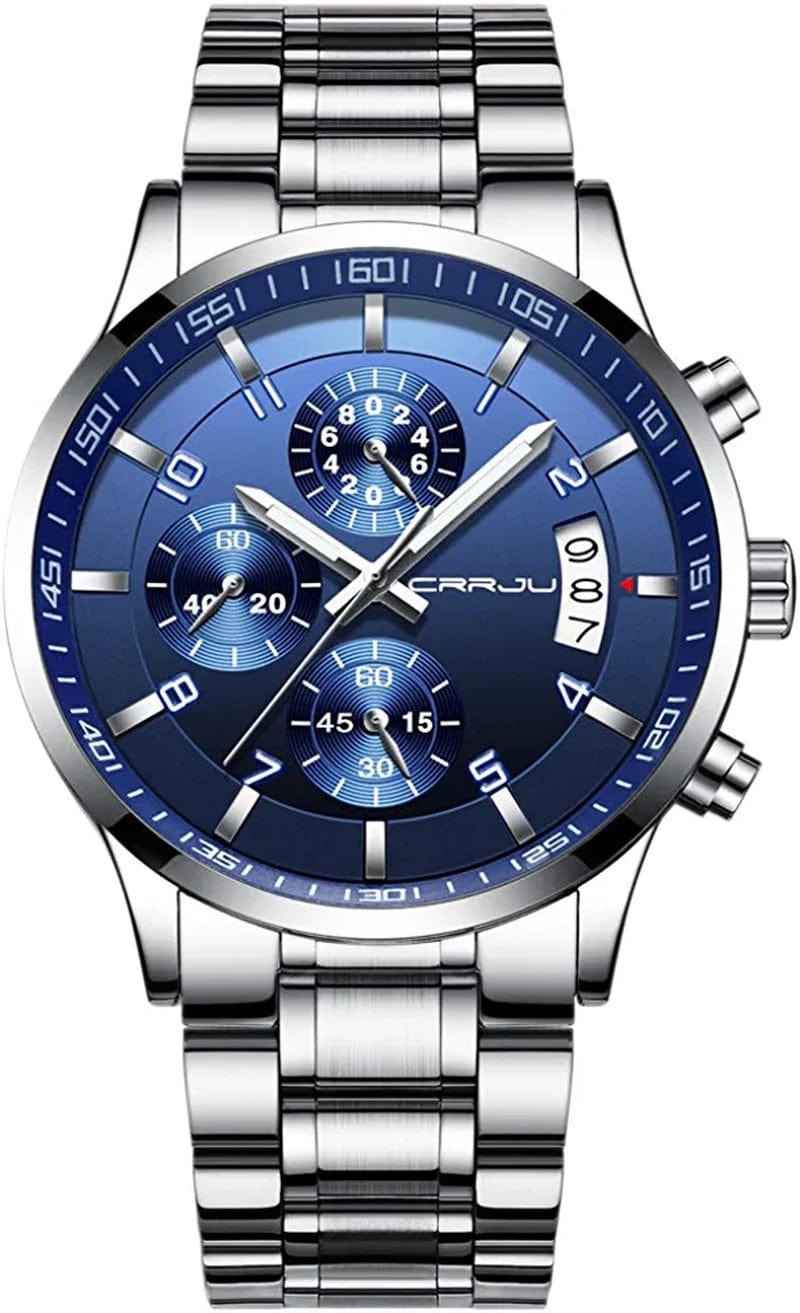 Men'S Fashion Stainless Steel Watches Date Waterproof Chronograph Wristwatches,Stainsteel Steel Band Waterproof Watch silver blue