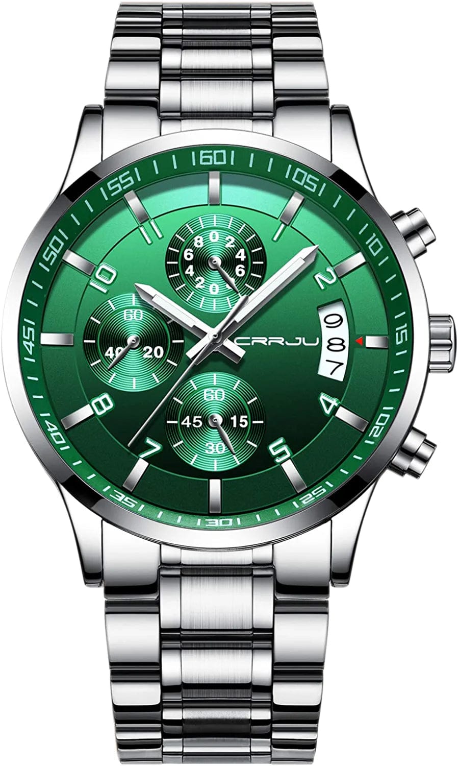 Men'S Fashion Stainless Steel Watches Date Waterproof Chronograph Wristwatches,Stainsteel Steel Band Waterproof Watch silver green