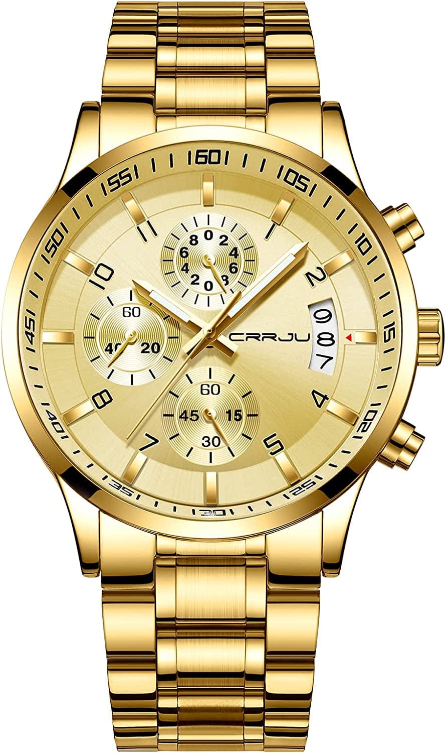 Men'S Fashion Stainless Steel Watches Date Waterproof Chronograph Wristwatches,Stainsteel Steel Band Waterproof Watch gold gold