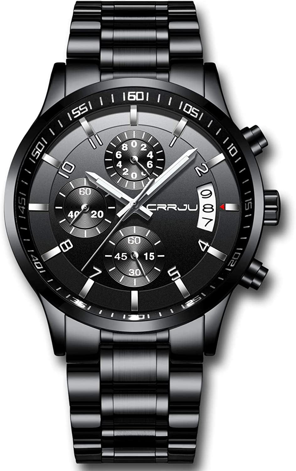 Men'S Fashion Stainless Steel Watches Date Waterproof Chronograph Wristwatches,Stainsteel Steel Band Waterproof Watch Black Black