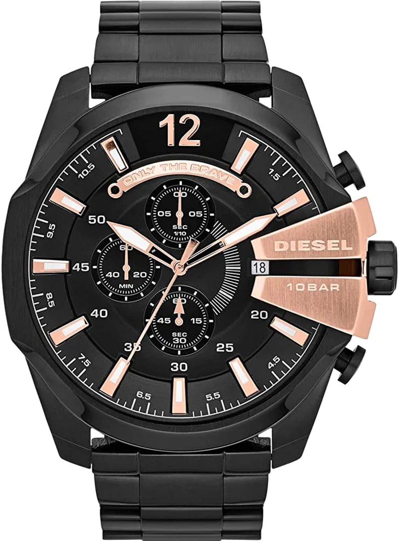 Men'S Mega Chief Stainless Steel Chronograph Quartz Watch Black Stainless Steel with Rose Dial