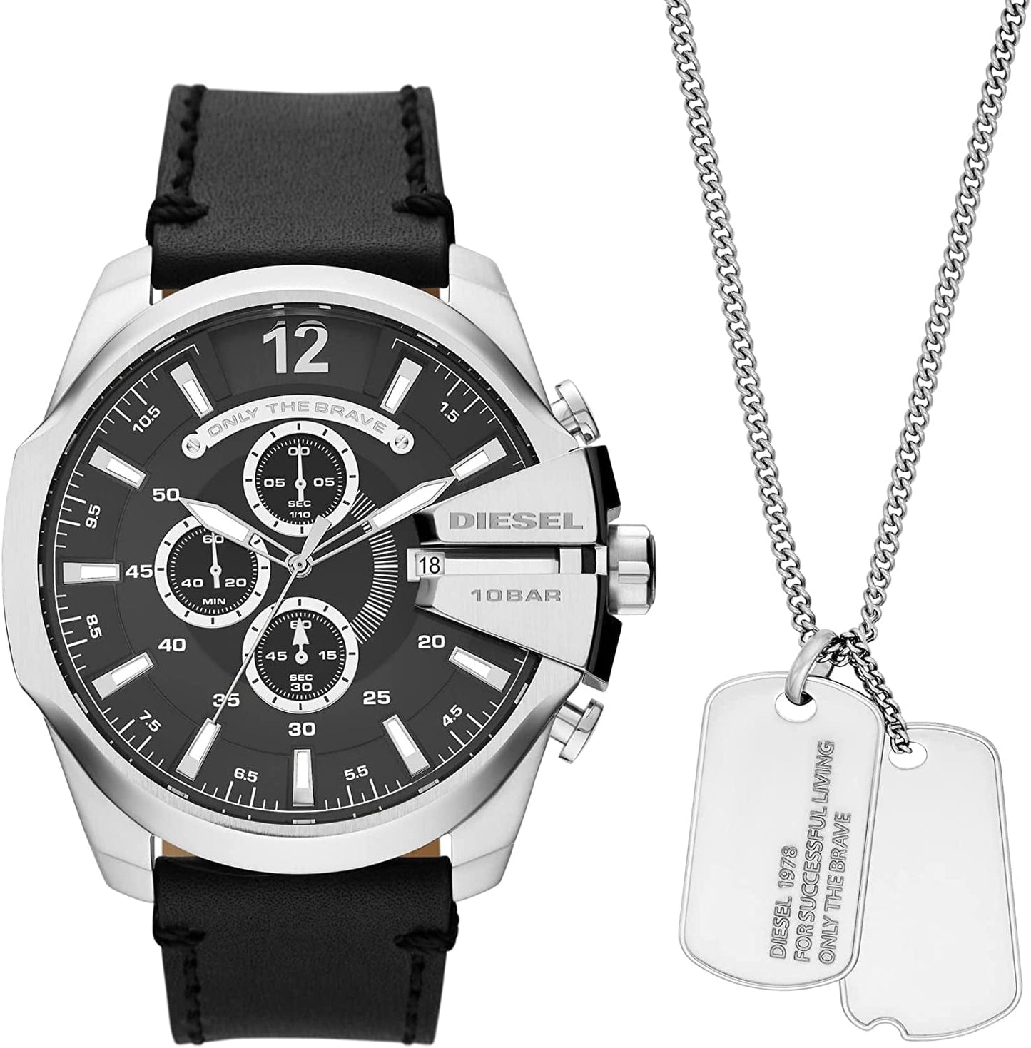 Men'S Mega Chief Stainless Steel Chronograph Quartz Watch Silver/Black Gift Set