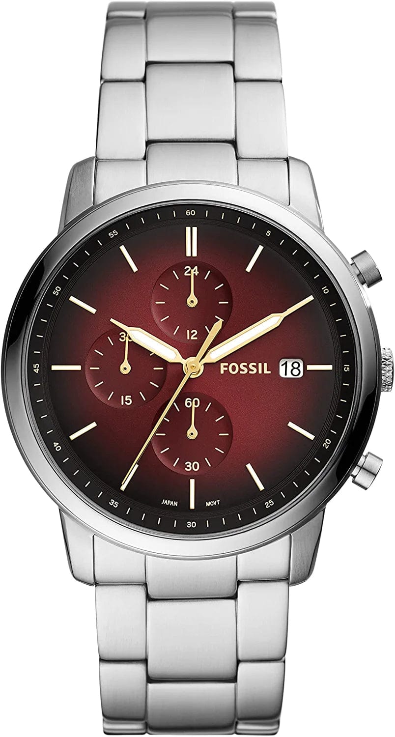 Men'S Minimalist Stainless Steel Slim Casual Quartz Chronograph Watch Silver/Burgundy