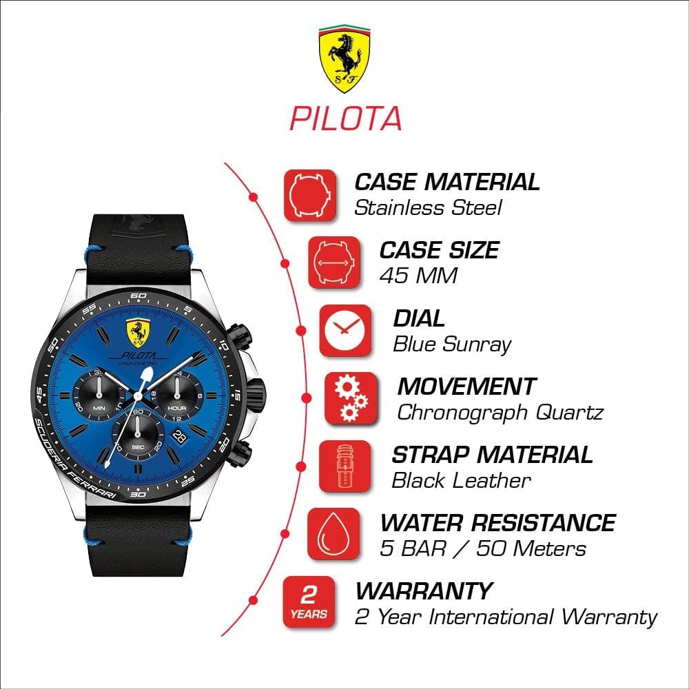 Men'S Pilota Stainless Steel Quartz Watch with Leather Calfskin Strap, Black, 22Mm Strap (Model: 0830388)