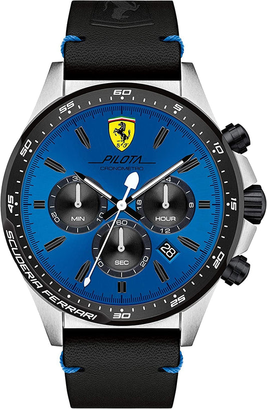 Men'S Pilota Stainless Steel Quartz Watch with Leather Calfskin Strap, Black, 22Mm Strap (Model: 0830388)