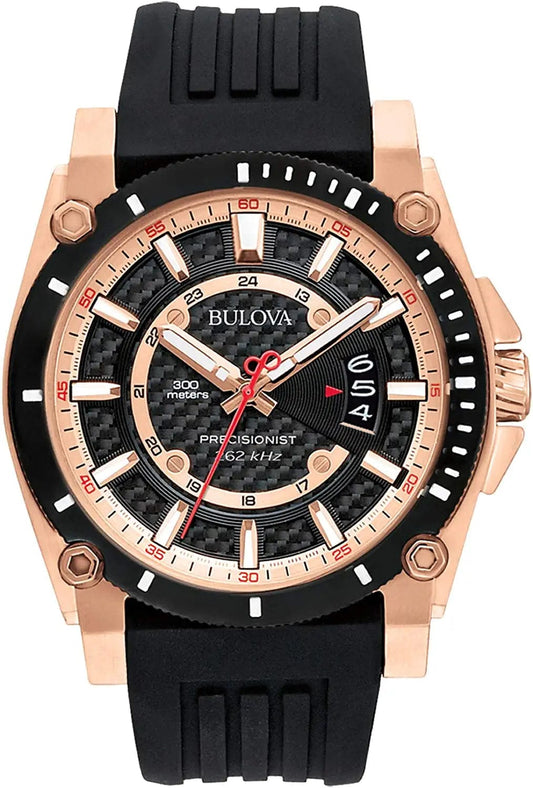 Men'S Precisionist 3-Hand Calendar Rose Gold Stainless Steel Watch with Black Polyurethane Strap Style: 98B152