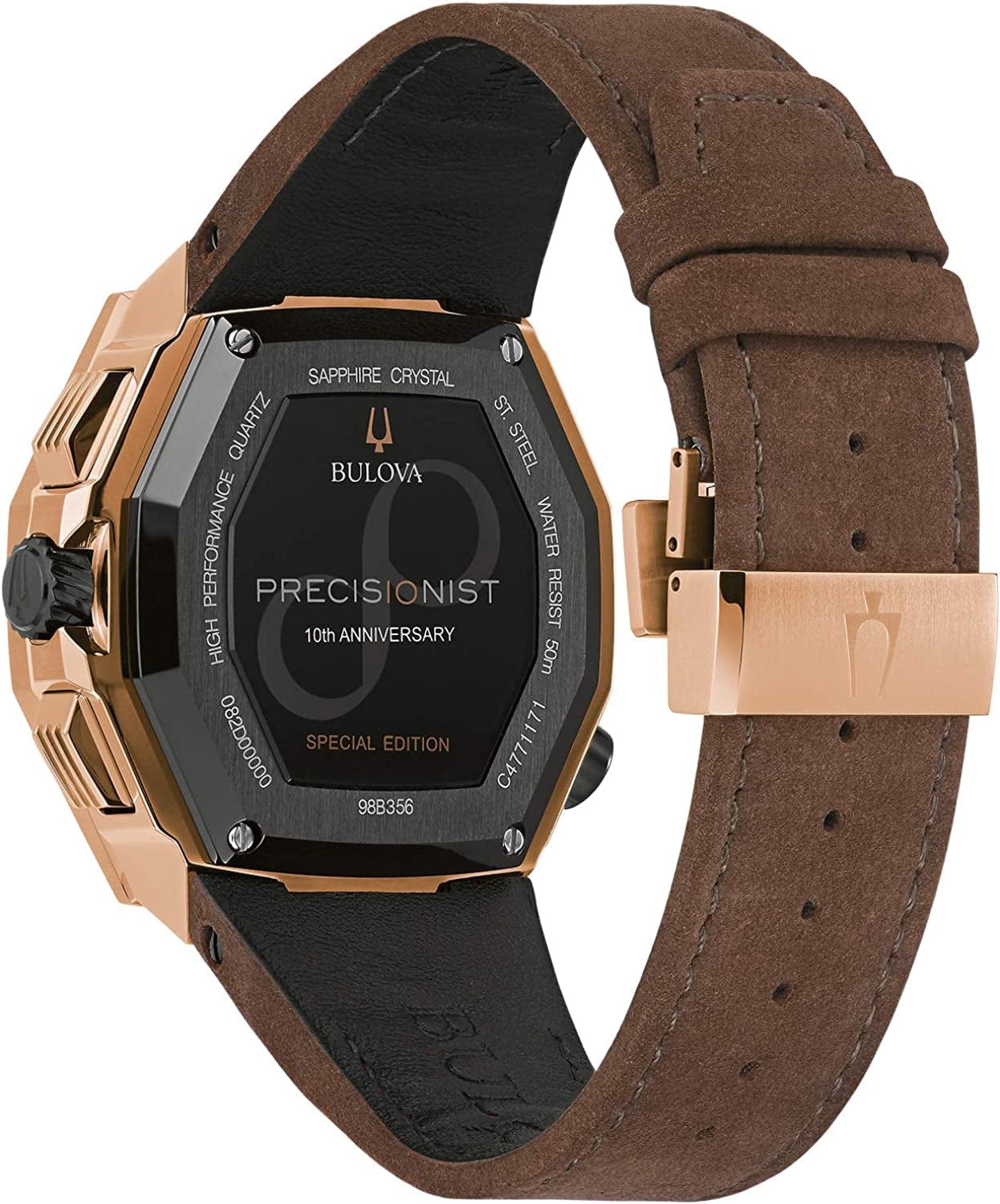 Men'S Precisionist X 10Th Anniversary Rose Gold Stainless Steel and Demascus Steel 8-Hand Chronograph Watch with Brown Leather Strap and Sapphire Crystal Style: 98B356