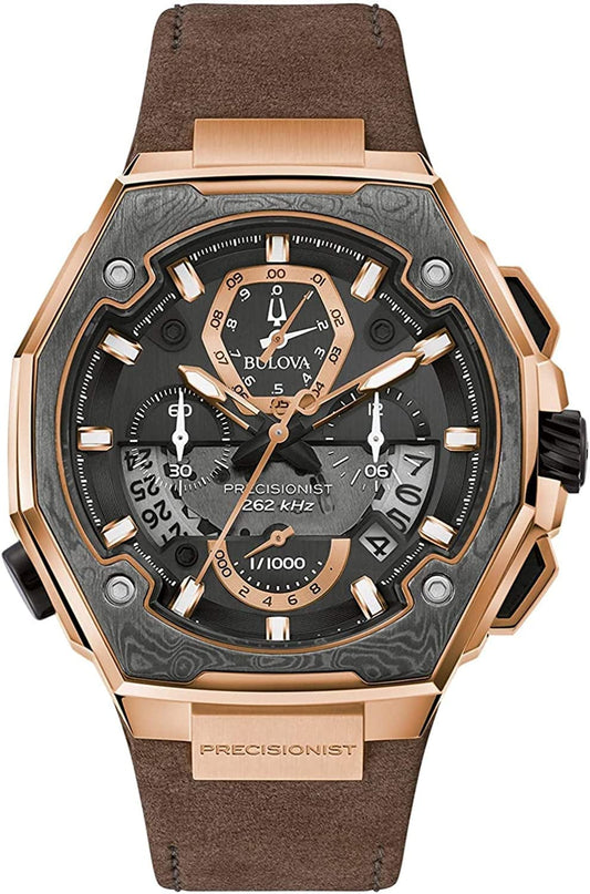 Men'S Precisionist X 10Th Anniversary Rose Gold Stainless Steel and Demascus Steel 8-Hand Chronograph Watch with Brown Leather Strap and Sapphire Crystal Style: 98B356