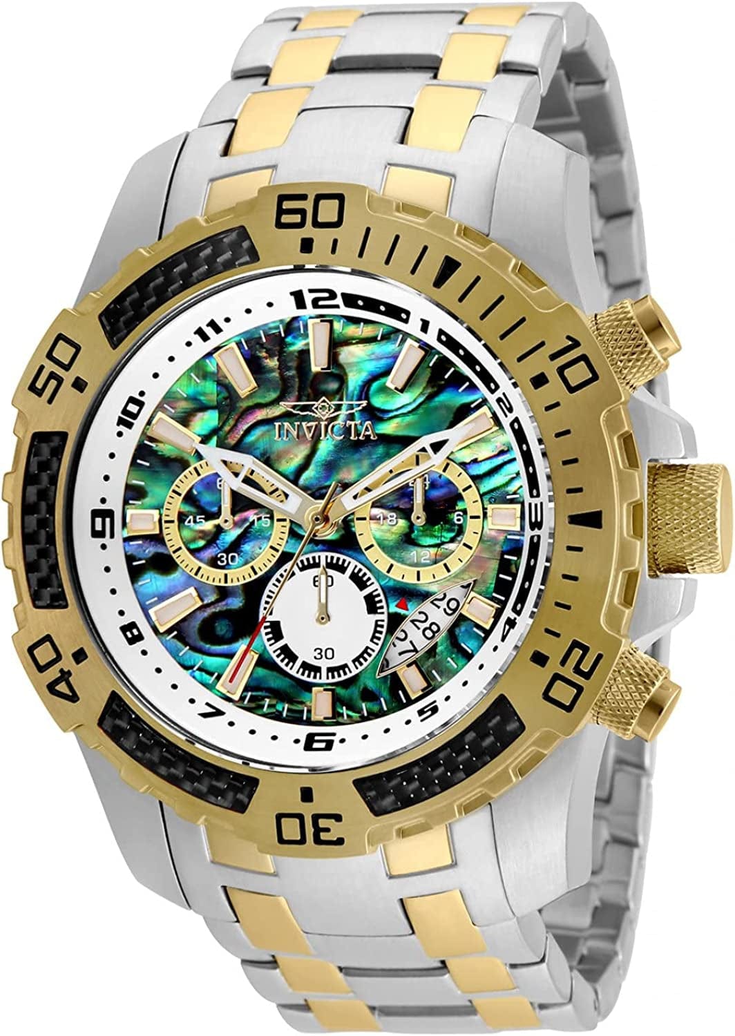 Men'S Pro Diver Scuba Quartz Chronograph Carbon Fiber Bezel Abalone Dial Bracelet Watch, 50Mm two tone