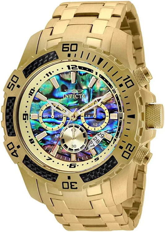 Men'S Pro Diver Scuba Quartz Chronograph Carbon Fiber Bezel Abalone Dial Bracelet Watch, 50Mm Gold