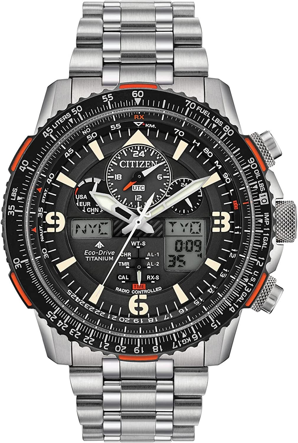 Men'S Promaster Skyhawk A-T Eco-Drive Aviator Watch Silver Bracelet, Black Dial