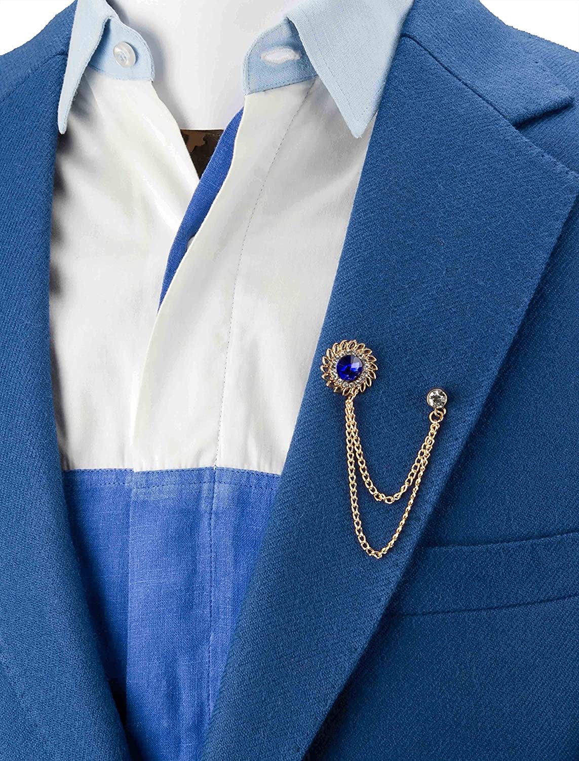 Men'S Royal Blue Stone with Inspired Swarovski Detailing Hanging Chain Lapel Pin/Brooch Golden