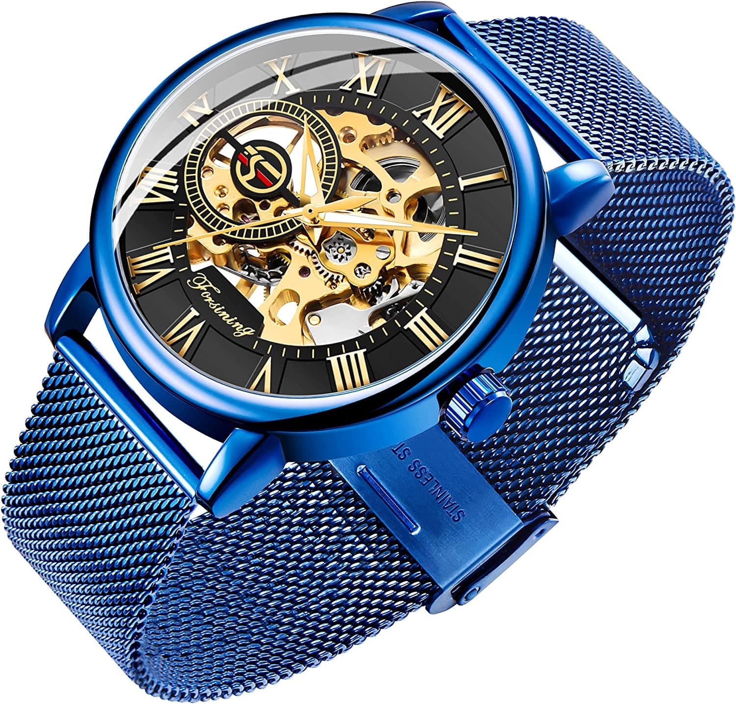 Men'S Skeleton Watch Classic Roman Numeral Steampunk Mechanical Watch Hand-Wind Mens Watches (Blue) blue&black