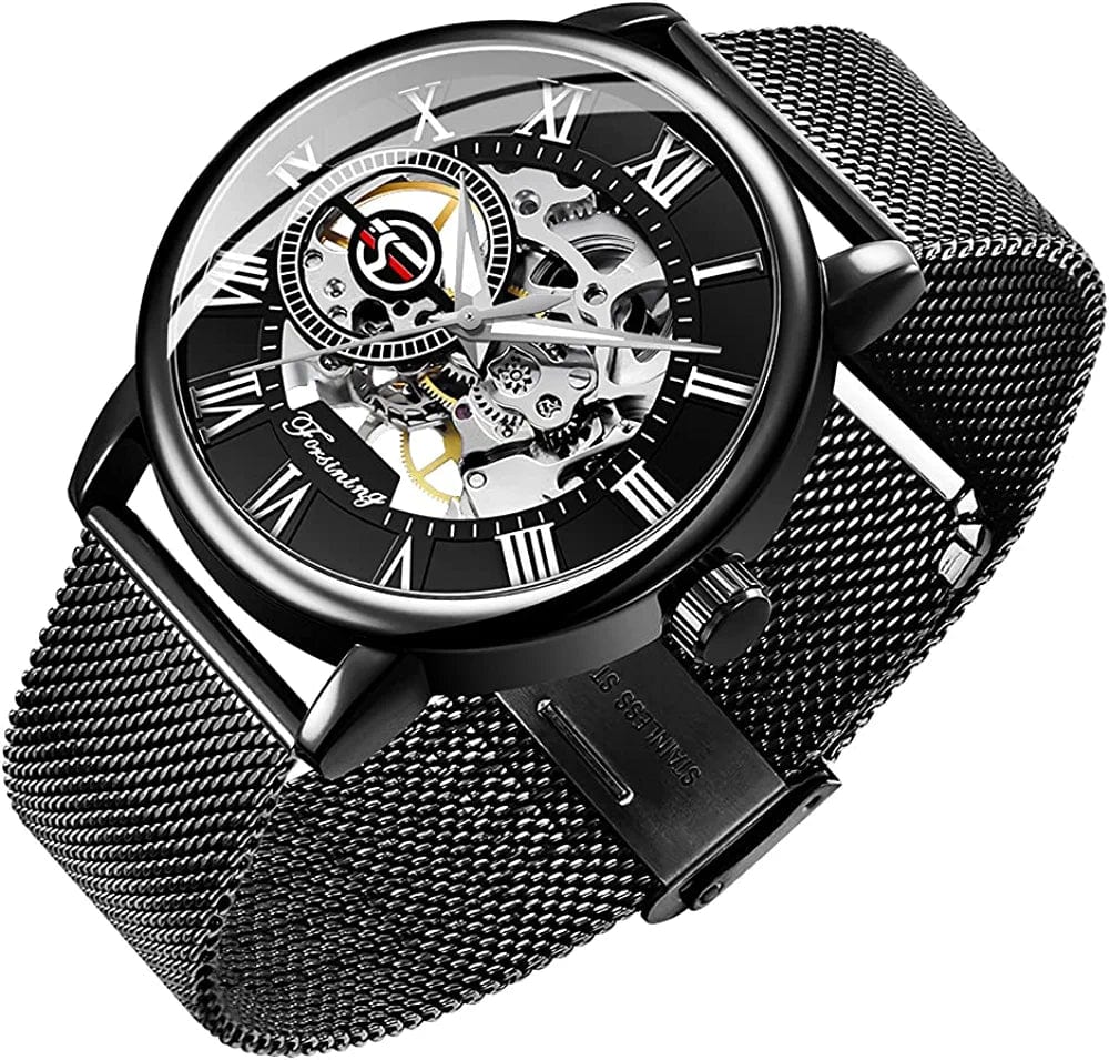 Men'S Skeleton Watch Classic Roman Numeral Steampunk Mechanical Watch Hand-Wind Mens Watches (Blue) black